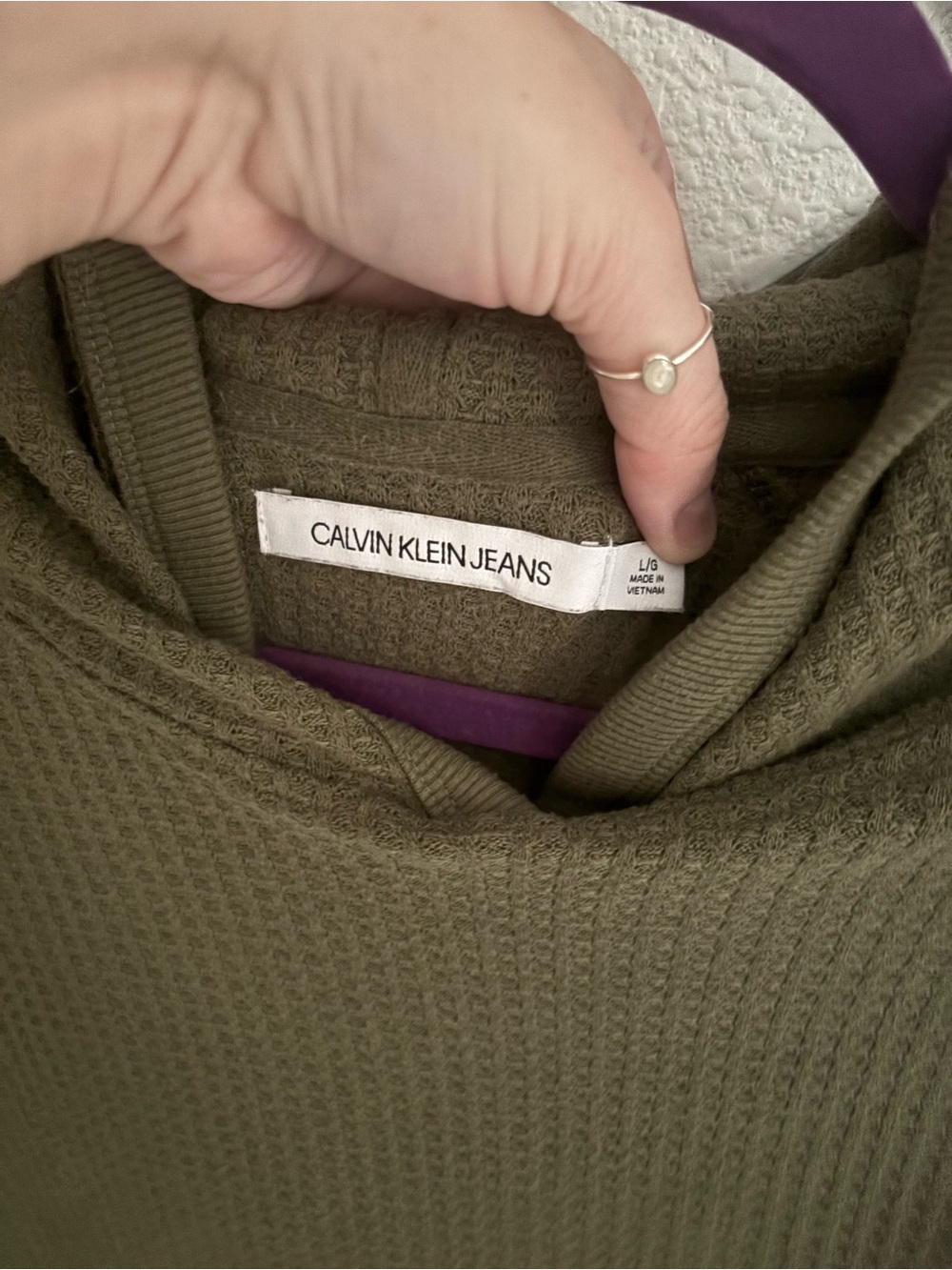 Calvin Klein Jeans Olive Waffle Knit Hoodie Lightweight Casual Large Top - Picture 3 of 4